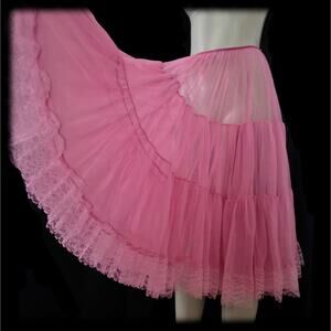 Vintage 50s PINK Petticoat NYLON Layered Lace FULL Pettiskirt LONG Slip M L XL